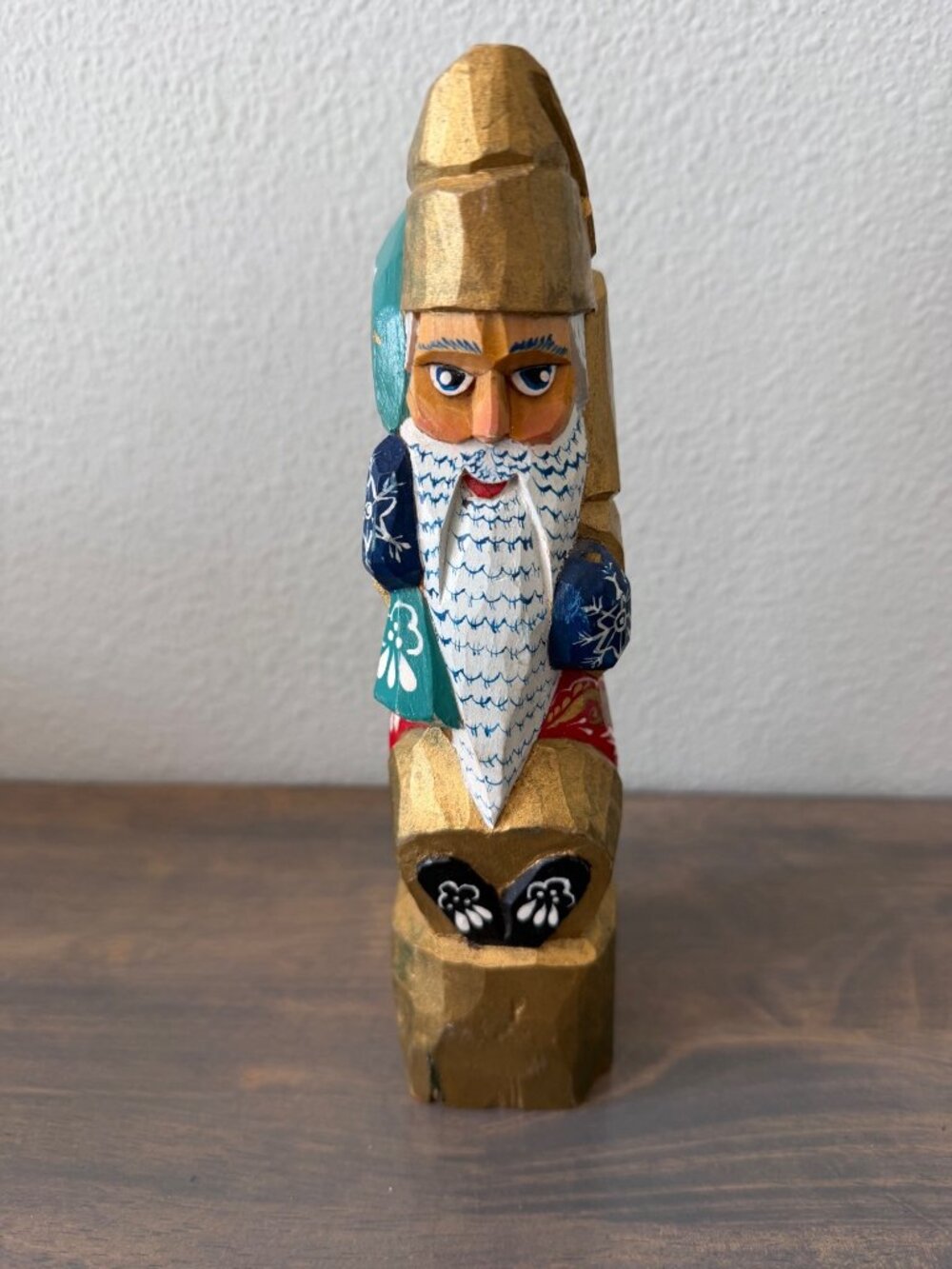 Wooden Hand Carved Painted Santa Claus Statue Figurine Missing Walking stick in